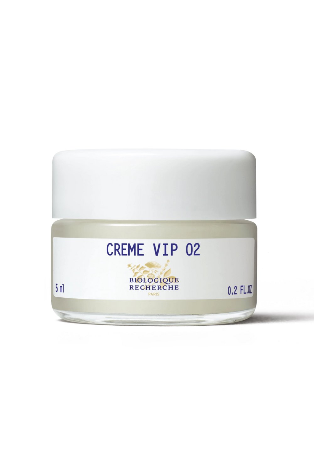 A small 5 ml jar of Biologique Recherche Creme VIP O2 with a white lid and product label on the front.