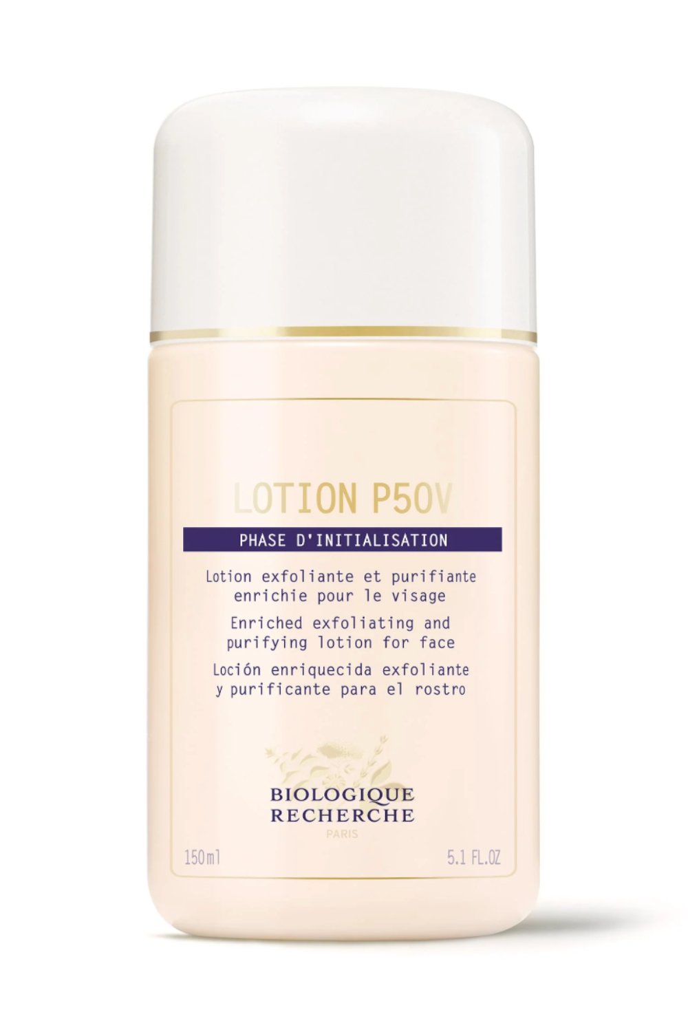 Bottle of Biologique Recherche Lotion P50V with text in French, English, and Spanish describing it as an enriched exfoliating and purifying face lotion.