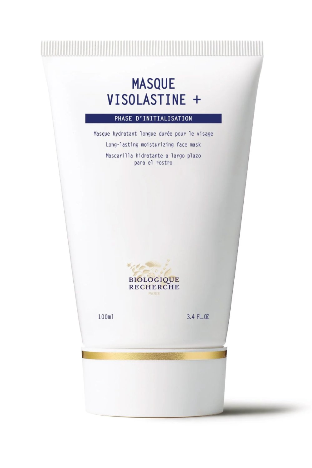 A white tube labeled "Masque Visolastine +" by Biologique Recherche, containing 100ml of long-lasting moisturizing face mask.