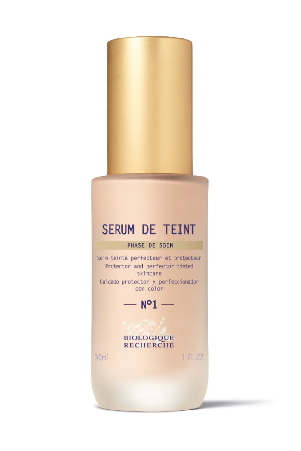 A bottle of Biologique Recherche Serum de Teint No. 1 with a gold cap, containing 30 ml (1 fl. oz.) of tinted skincare serum.