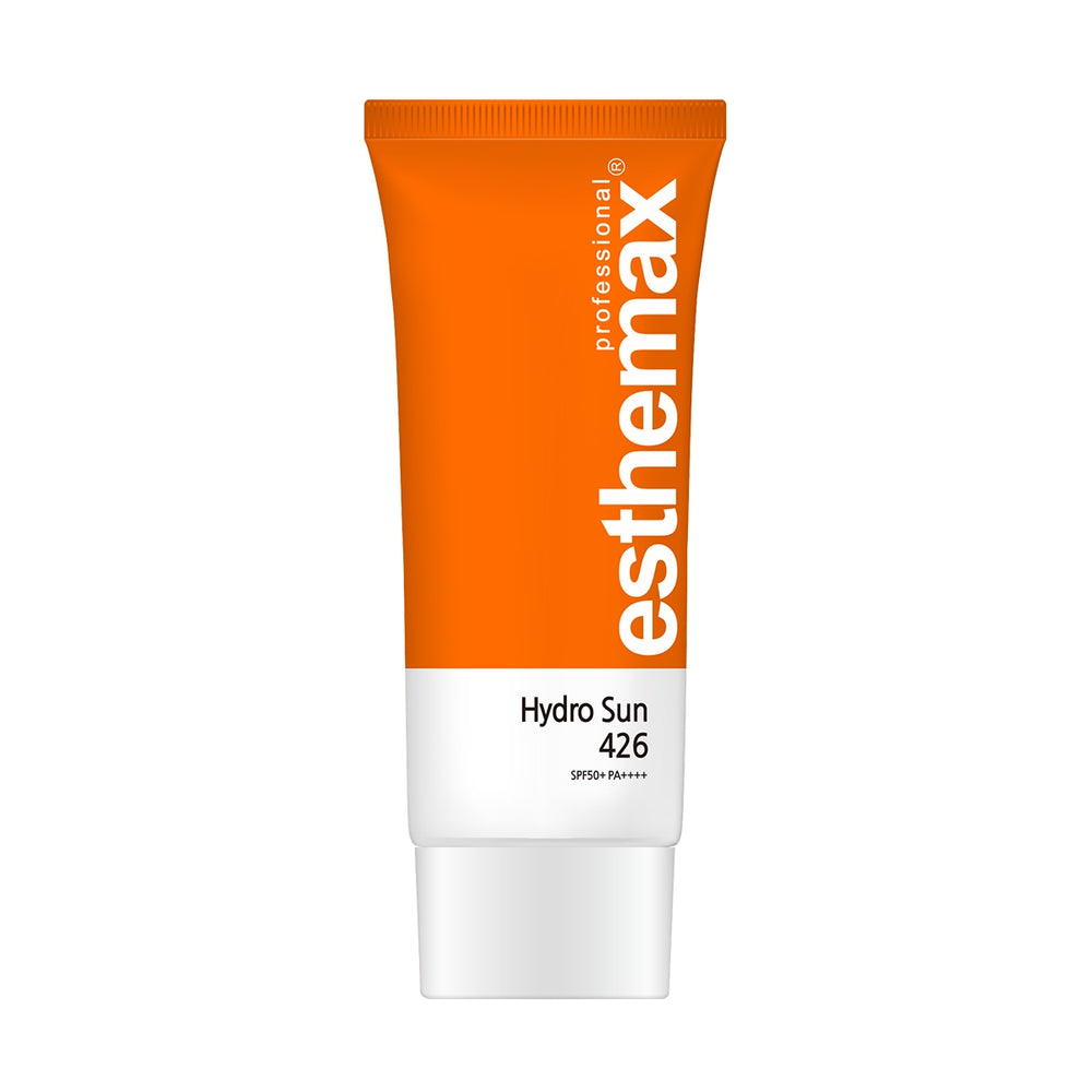 The Esthemax Hydrosun SP50+++ comes in an orange and white tube, offering SPF50+ PA++++ broad-spectrum protection. This hydrating sunscreen formula ensures your skin stays safe and moisturized all day.