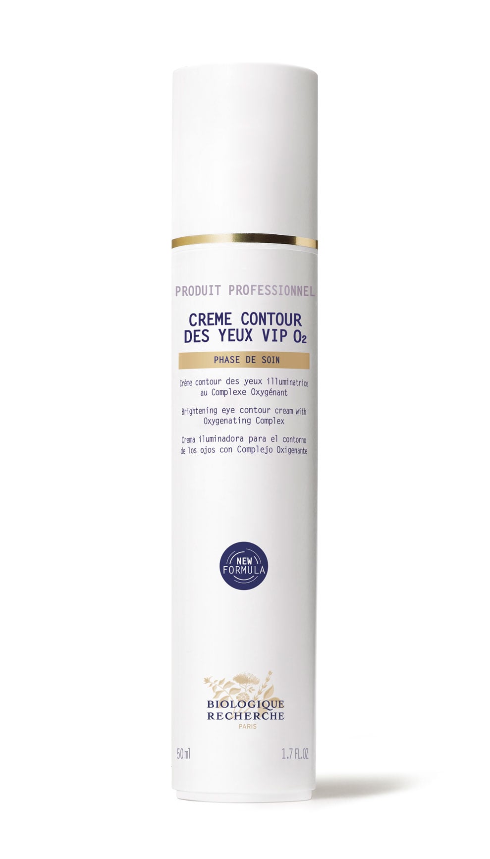 A white cylindrical bottle of Biologique Recherche Crème Contour Des Yeux Biosensible features a gold cap and black text, targeting dark circles and fine lines. Ideal for sensitive eyes, this luxurious formula promises rejuvenation and elegance in every drop.