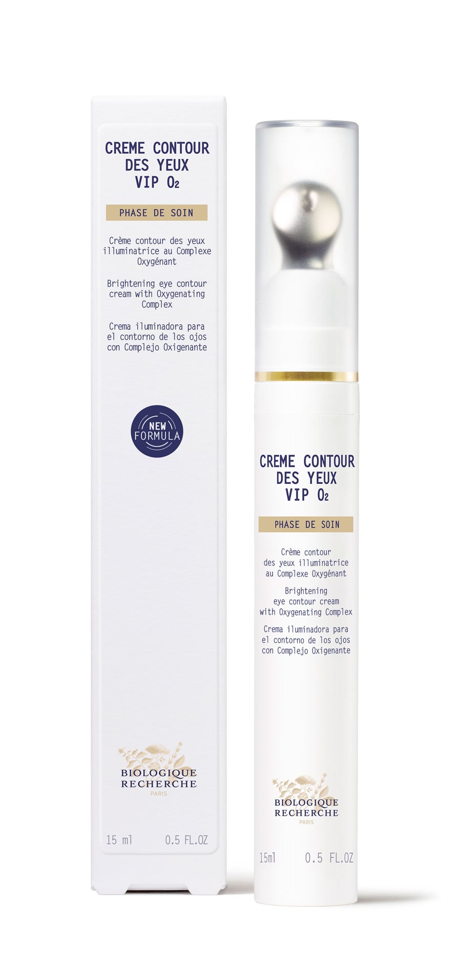 A bottle and box of Original Formula - Biologique Recherche Contour Des Yeux VIP O2 eye cream, labeled in French and English, formulated to reduce eye bags and wrinkles.