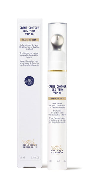 A bottle and box of Original Formula - Biologique Recherche Contour Des Yeux VIP O2 eye cream, labeled in French and English, formulated to reduce eye bags and wrinkles.