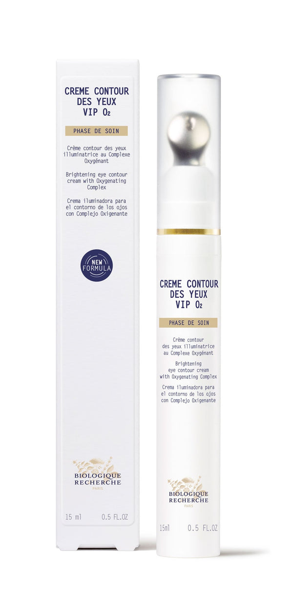A bottle and box of Original Formula - Biologique Recherche Contour Des Yeux VIP O2 eye cream, labeled in French and English, formulated to reduce eye bags and wrinkles.