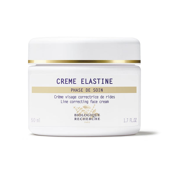 Biologique Recherche Crème Elastine, a 50 ml white and gold jar of regenerating face cream, is a luxurious anti-aging solution crafted to correct lines.