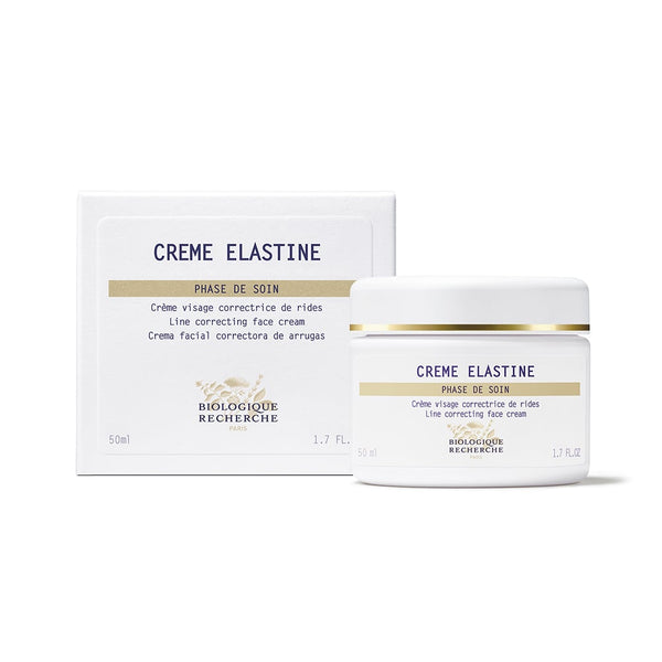 Image shows a white jar and box of Biologique Recherche Crème Elastine, a 50ml (1.7 fl oz) line-correcting, moisturizing face cream with regenerating properties.
