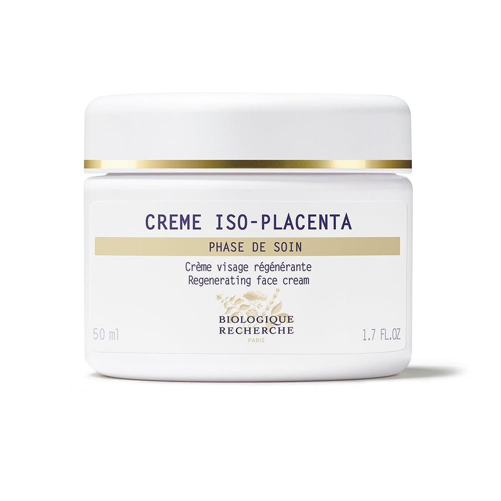 White jar of Biologique Recherche Crème ISO-Placenta face cream with gold accents, promising regeneration and reducing pigmentation.