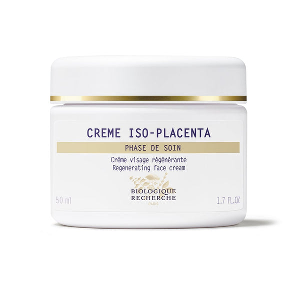 White jar of Biologique Recherche Crème ISO-Placenta face cream with gold accents, promising regeneration and reducing pigmentation.