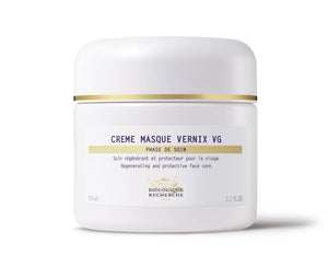 A 50 ml white jar of Biologique Recherche Crème Masque Vernix VG, regenerative and protective face care with antioxidant peptides, featuring a white and gold cap.