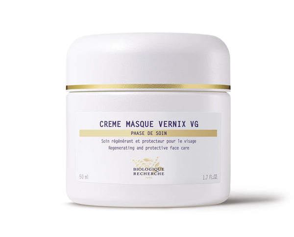 A 50 ml white jar of Biologique Recherche Crème Masque Vernix VG, regenerative and protective face care with antioxidant peptides, featuring a white and gold cap.