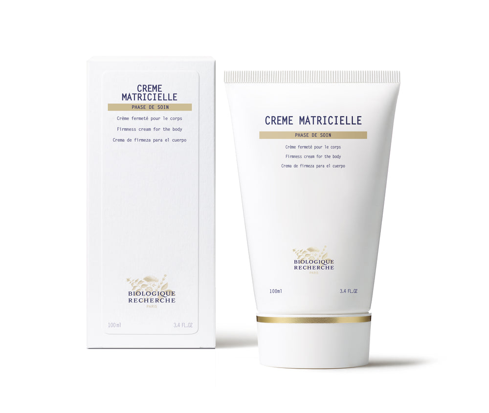 A 3.4 fl. oz. (100 ml) white tube and box of Biologique Recherche Creme Matricielle, labeled in French and English, offers hydrating body creme with collagen for firmer skin.