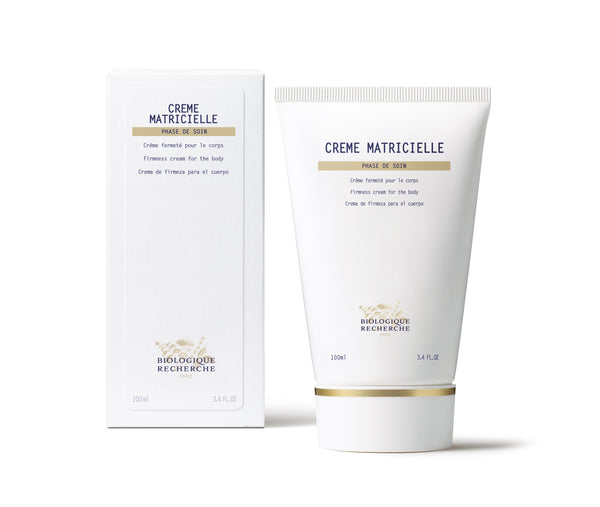 A 3.4 fl. oz. (100 ml) white tube and box of Biologique Recherche Creme Matricielle, labeled in French and English, offers hydrating body creme with collagen for firmer skin.