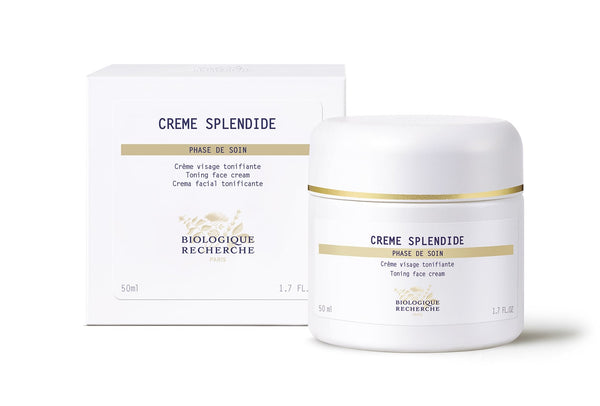 A white jar and box of Biologique Recherche Crème Splendide, a toning face cream for aging skin, are set against a white background.