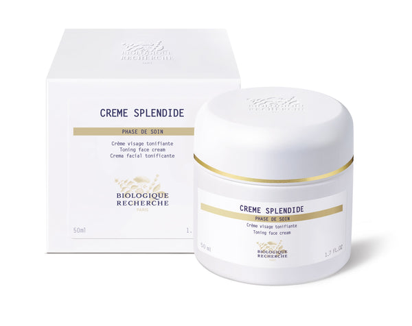 A jar and box of Biologique Recherche Crème Splendide, a toning face cream for aging skin, set against a white background.
