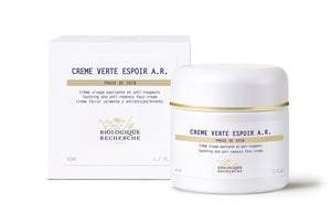 A jar and box of Biologique Recherche Crème Verte Espoir A.R., 50 ml anti-redness face cream for rosacea-prone skin, are displayed on a white background.
