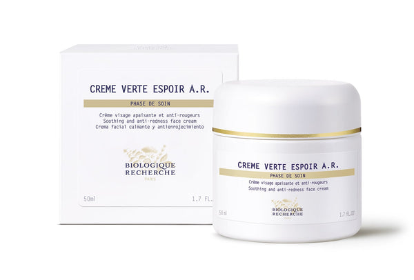 A jar and box of Biologique Recherche Crème Verte Espoir A.R., 50 ml anti-redness face cream for rosacea-prone skin, are displayed on a white background.