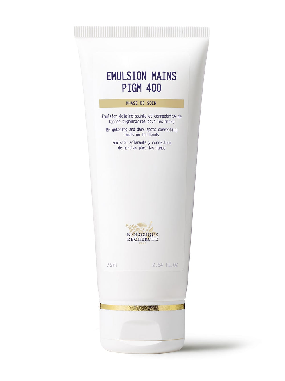 A 75ml white tube of Biologique Recherche Emulsion Mains PIGM 400 is perfect for hand care, nourishing pigmented hands and reducing age spots.