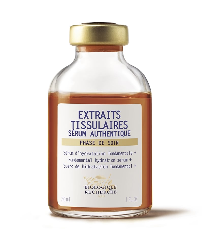 A 125ml, 4.2 fl oz glass bottle with a gold cap contains Biologique Recherche Serum Extraits Tissulaires, an instant moisturizer that boosts skin's protective barrier for lasting hydration.