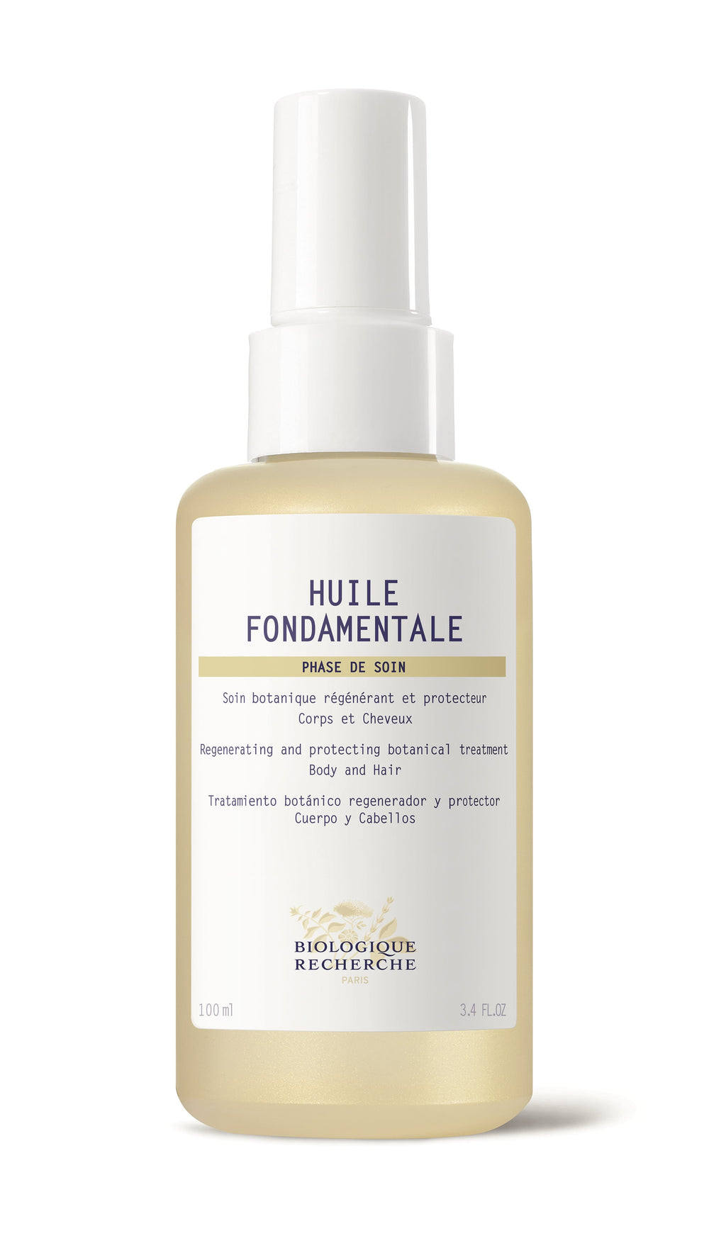 Biologique Recherche Huile Fondamentale is a 100 ml regenerative botanical treatment with powerful vegetable oils designed to combat dryness and protect both body and hair.