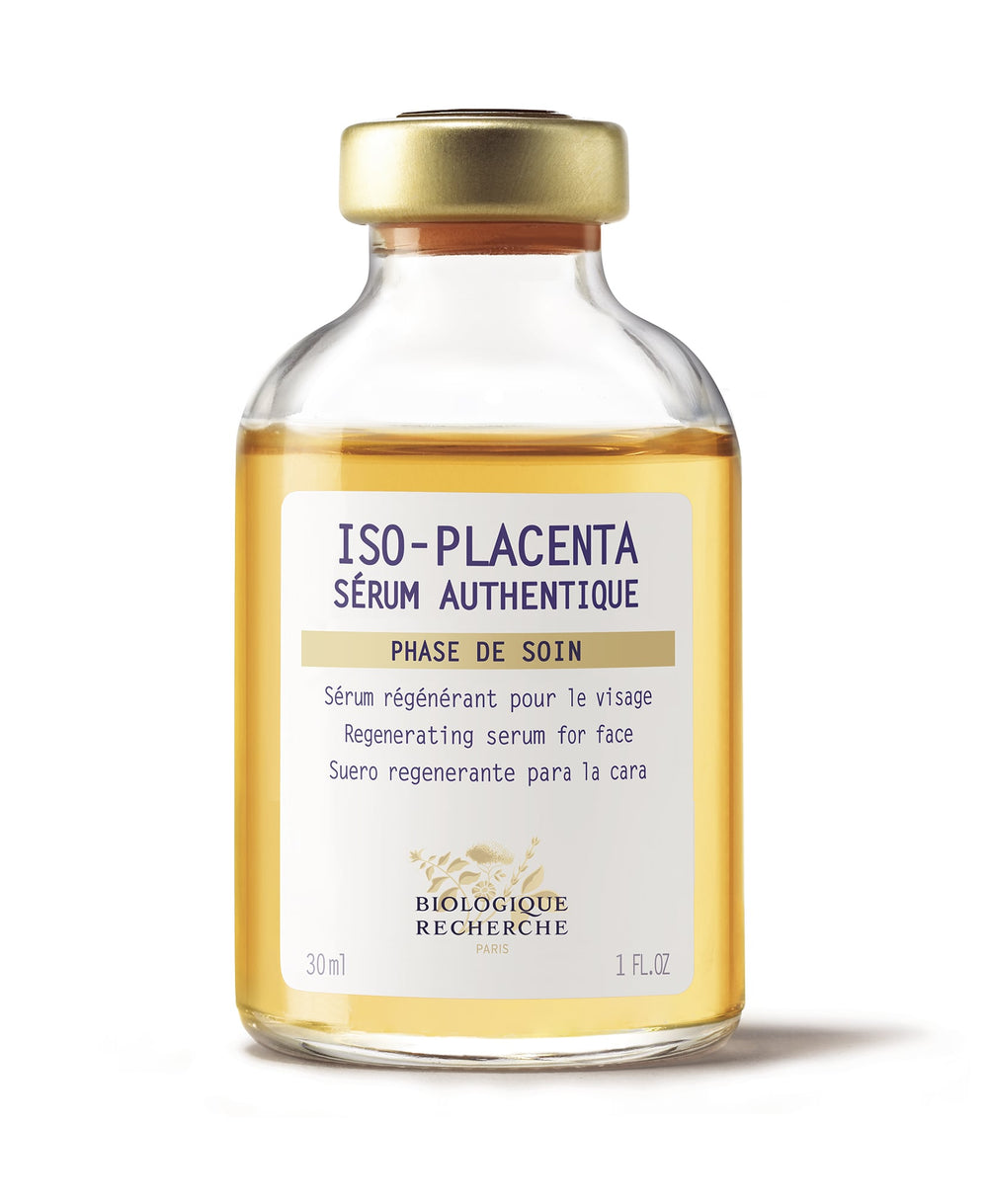 A 30ml bottle of Biologique Recherche Serum ISO Placenta, enriched with Biomimetic Placenta, regenerates and rejuvenates the face. It's perfect for reducing acne scars and comes with labels in French and Spanish.