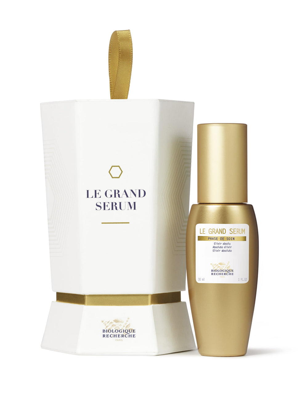 The Biologique Recherche Le Grand Serum, a 1 oz luxurious elixir absolu, comes in a gold bottle. It is infused with powerful antioxidants to enhance anti-aging properties, providing a revitalizing experience.