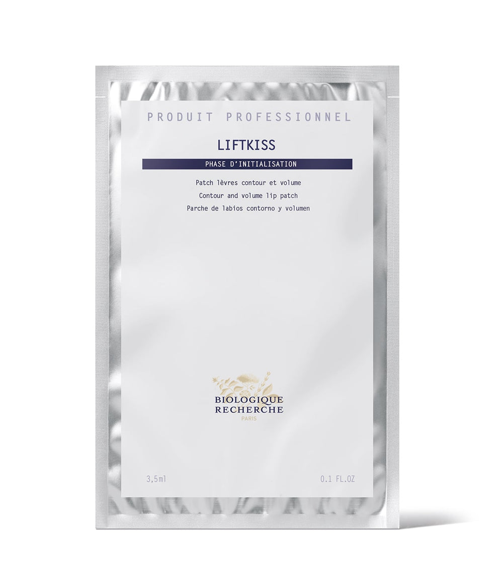 The Biologique Recherche Liftkiss lip patch, in minimalist white packaging, features text on its powerful formula to repair lips and reduce dehydration wrinkles, promoting plumper lips.