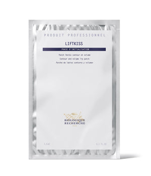 Silver sachet labeled "Biologique Recherche Liftkiss," featuring lip contour and volume patches to repair lips and reduce dehydration wrinkles, 3.5ml, 0.1 fl oz.