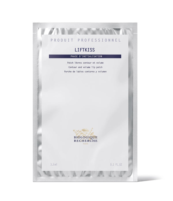 Silver sachet labeled "Biologique Recherche Liftkiss," featuring lip contour and volume patches to repair lips and reduce dehydration wrinkles, 3.5ml, 0.1 fl oz.