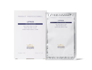 Biologique Recherche Liftkiss packaging features a sleek box and silver foil packet with French and English text, promoting it as a contour and volume lip patch to repair lips and fight dehydration wrinkles for plumped lips.