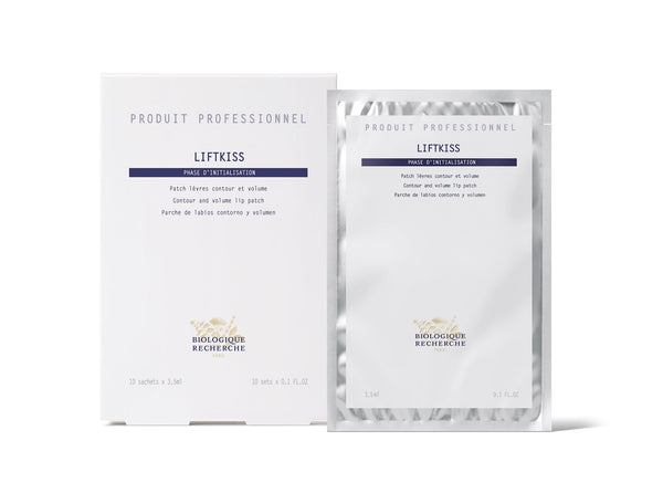 Biologique Recherche Liftkiss packaging features a sleek box and silver foil packet with French and English text, promoting it as a contour and volume lip patch to repair lips and fight dehydration wrinkles for plumped lips.