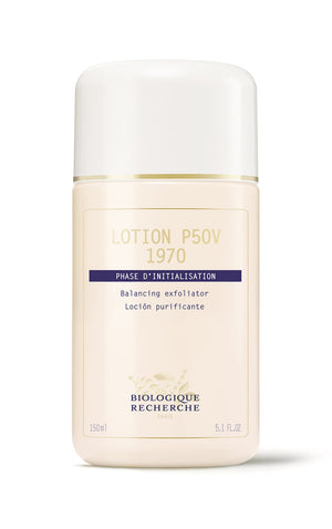 Biologique Recherche Lotion P50V 1970 is a balancing, vitamin-rich exfoliator with English and French text. It features a white cap, beige label, is 150ml, and made in Paris.