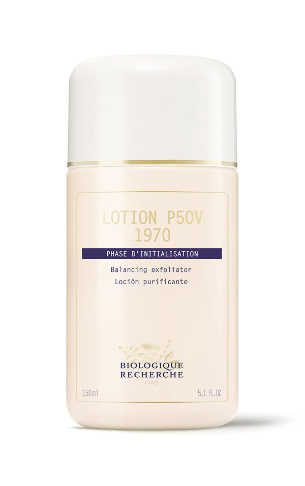 Biologique Recherche Lotion P50V 1970 is a balancing, vitamin-rich exfoliator with English and French text. It features a white cap, beige label, is 150ml, and made in Paris.