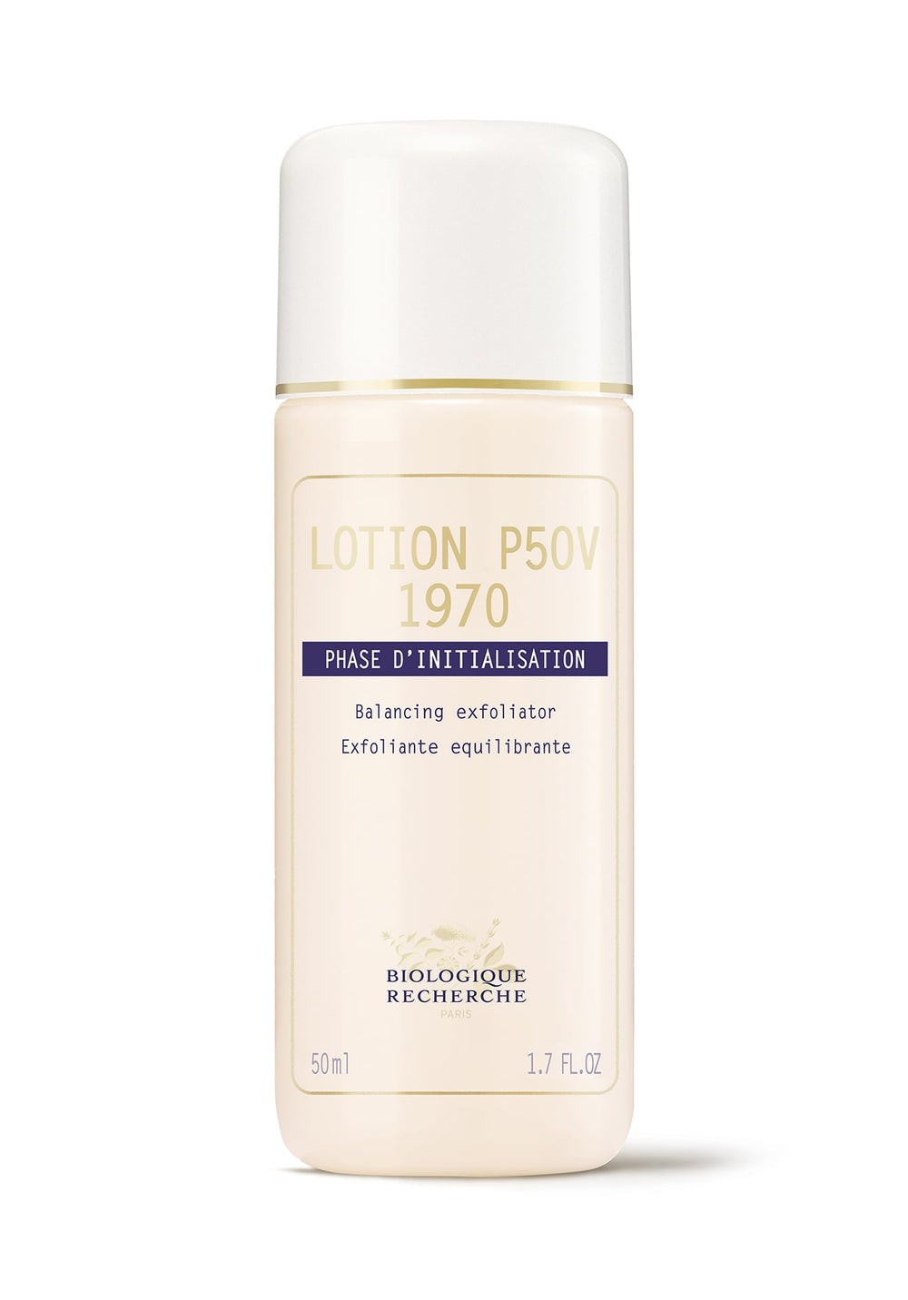 Bottle of Biologique Recherche Lotion P50V 1970 from the Phase d'Initialisation, described as a vitamin-rich balancing exfoliator.