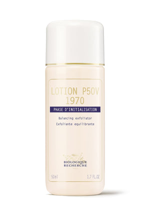 Bottle of Biologique Recherche Lotion P50V 1970 from the Phase d'Initialisation, described as a vitamin-rich balancing exfoliator.