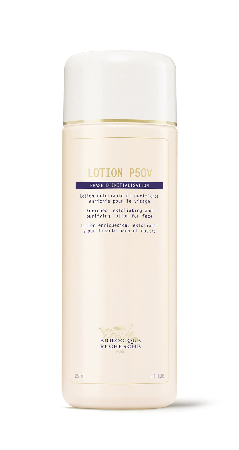 Bottle of Biologique Recherche Lotion P50V 1970 from the Phase d'Initialisation, described as a vitamin-rich balancing exfoliator.