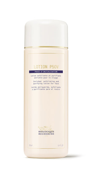 Biologique Recherche Lotion P50V is a 250ml bottle of vitamin-rich exfoliating and purifying facial lotion with a gentle balancing formula that tones and lightens the skin.