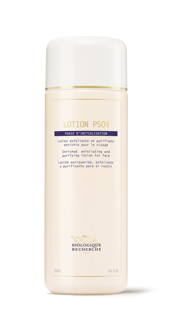 Biologique Recherche Lotion P50V is a 250ml bottle of vitamin-rich exfoliating and purifying facial lotion with a gentle balancing formula that tones and lightens the skin.