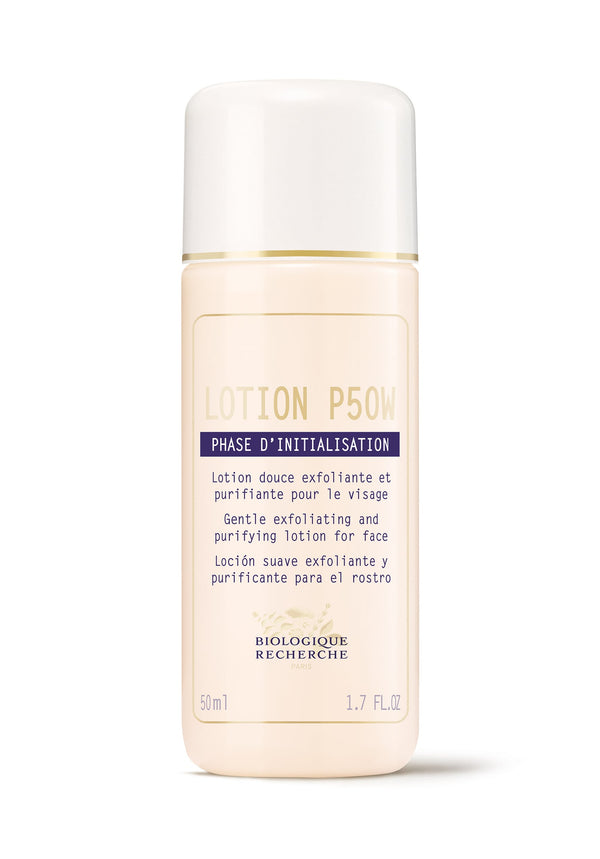 Biologique Recherche Lotion P50W Travel (1.7 oz), known for its gentle exfoliation, is ideal for sensitive skin and purifies facial skin effectively.