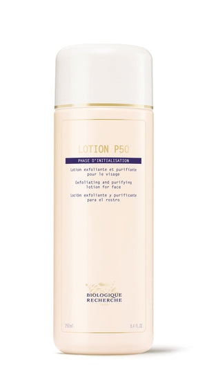 A 250 ml beige bottle of Biologique Recherche Lotion P50 with a white cap features multilingual text, describing it as an exfoliating and purifying facial lotion. Ideal for seborrheic or hyper-keratinized skin, it offers deep exfoliation.