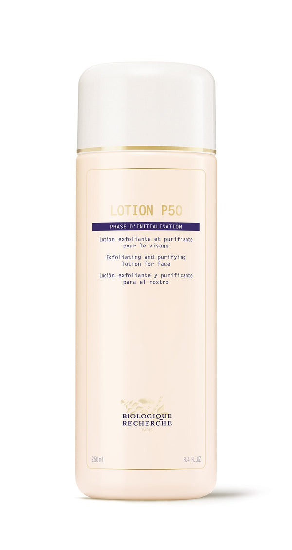 A 250 ml beige bottle of Biologique Recherche Lotion P50 with a white cap features multilingual text, describing it as an exfoliating and purifying facial lotion. Ideal for seborrheic or hyper-keratinized skin, it offers deep exfoliation.
