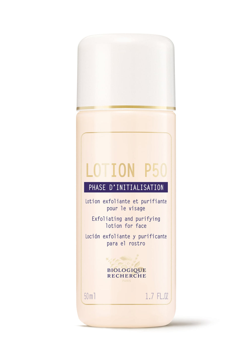 Biologique Recherche Lotion P50 Travel Size - 1.7oz is an exfoliating, purifying toner that hydrates the face. The 50ml bottle has English, French, and Spanish text on a white background.