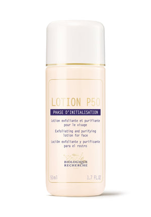Biologique Recherche Lotion P50 Travel Size - 1.7oz is an exfoliating, purifying toner that hydrates the face. The 50ml bottle has English, French, and Spanish text on a white background.