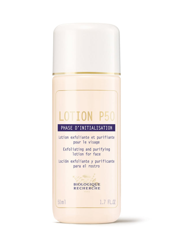 Biologique Recherche Lotion P50 Travel Size - 1.7oz is an exfoliating, purifying toner that hydrates the face. The 50ml bottle has English, French, and Spanish text on a white background.