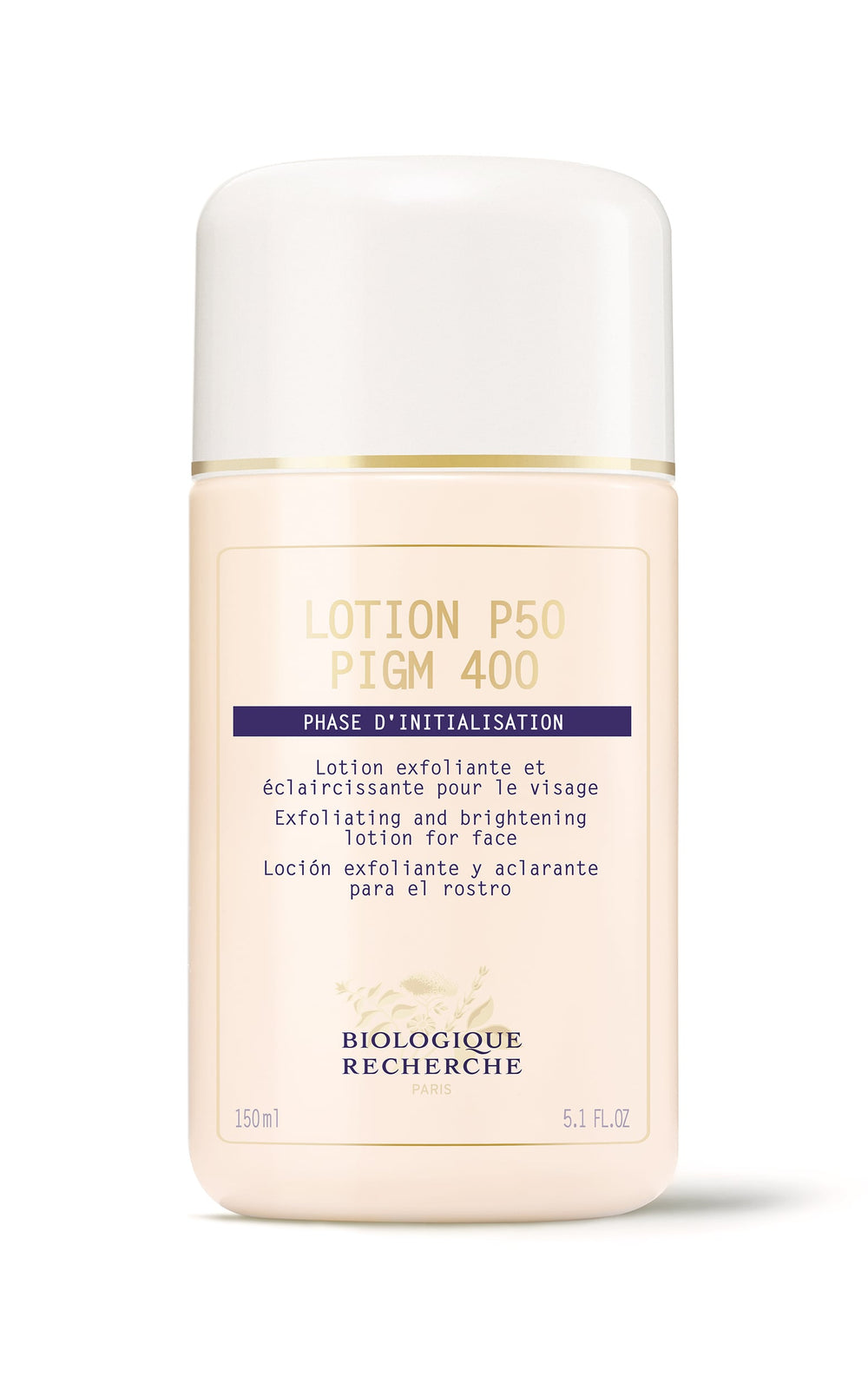 Biologique Recherche Lotion P50 PIGM 400, a 250ml bottle with AHAs, exfoliates and brightens facial pigmentation.