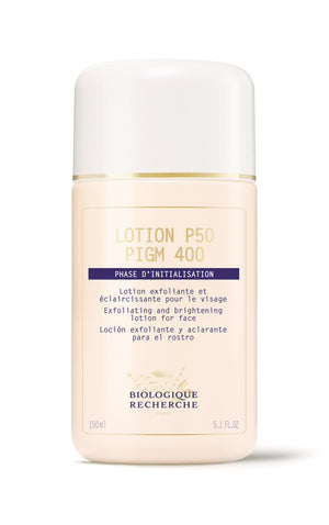 Biologique Recherche Lotion P50 PIGM 400, a white 5.1 oz bottle, is labeled as an exfoliating and brightening facial lotion that promises to exfoliate the skin and brighten pigmentation effectively.