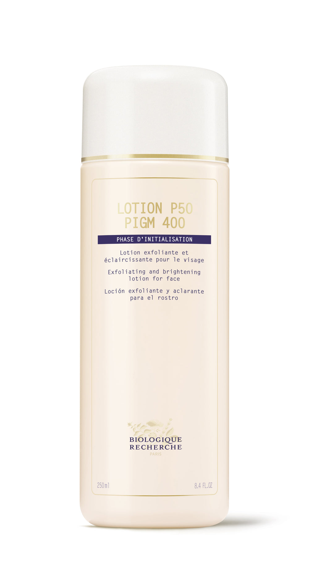 Biologique Recherche Lotion P50 PIGM 400, a 250ml bottle with AHAs, exfoliates and brightens facial pigmentation.