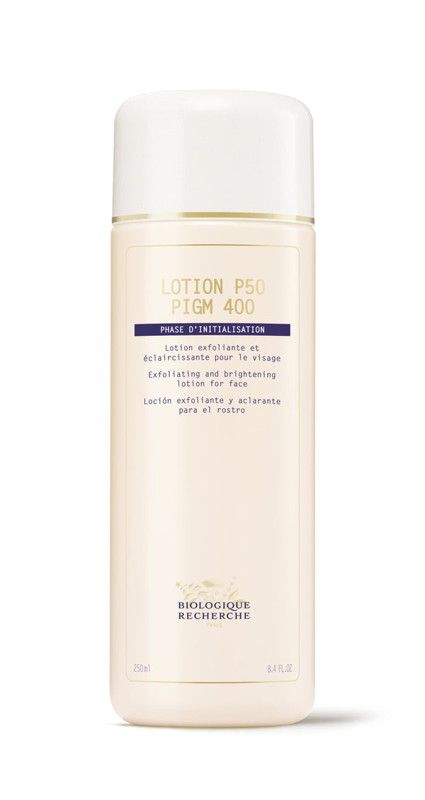 Biologique Recherche Lotion P50 PIGM 400, a 250ml bottle with AHAs, exfoliates and brightens facial pigmentation.