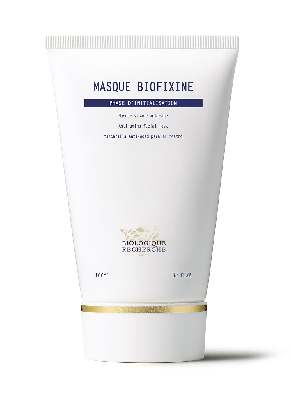 Biologique Recherche Masque Biofixine in a white tube and box contains a 100ml anti-aging, anti-wrinkle facial mask that relaxes skin muscles.