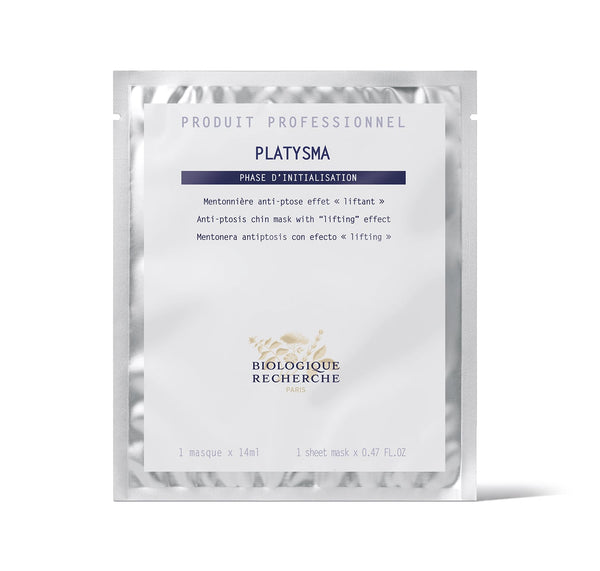 A silver packet labeled "Biologique Recherche Platysma" is an anti-ptosis chin mask that lifts and defines the jawline with remarkable effect.